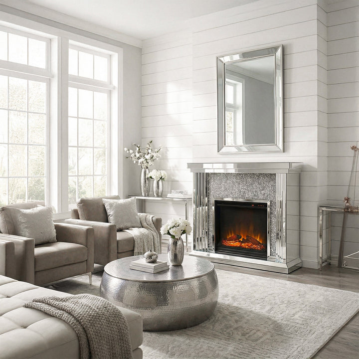 47.5 In. Crystal Mirrored Mantle With Wood Log Insert Fireplace - View 2 - Joshua Marshal