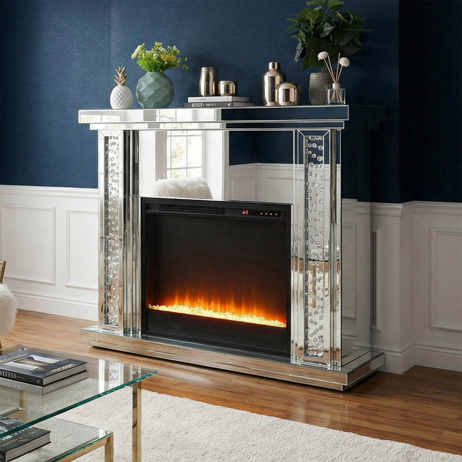 47.5 In. Crystal Mirrored Mantle With Crystal Insert Fireplace Clear Finish - DECOR by Joshua Marshal