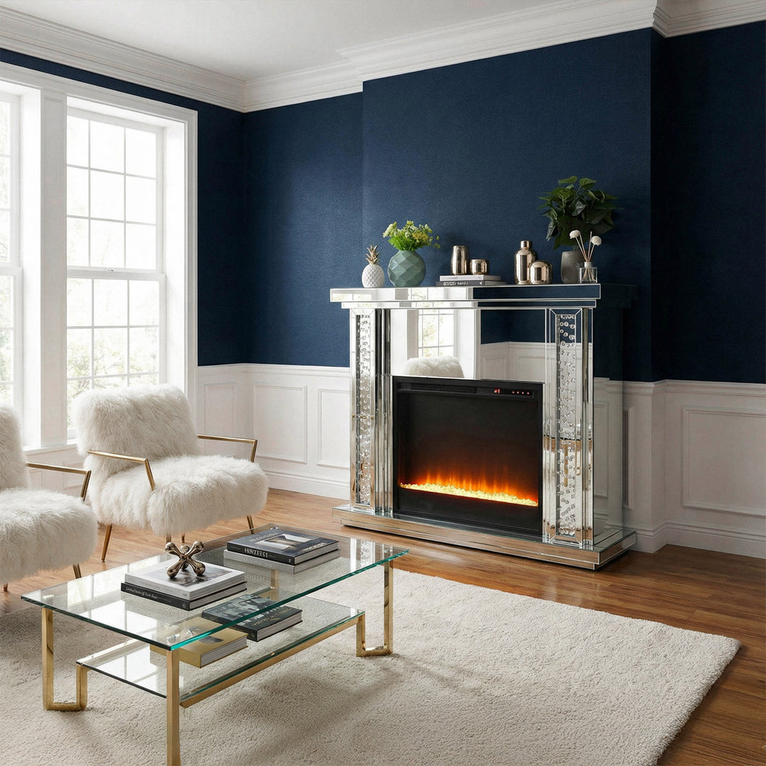 47.5 In. Crystal Mirrored Mantle With Crystal Insert Fireplace - View 2 - Joshua Marshal