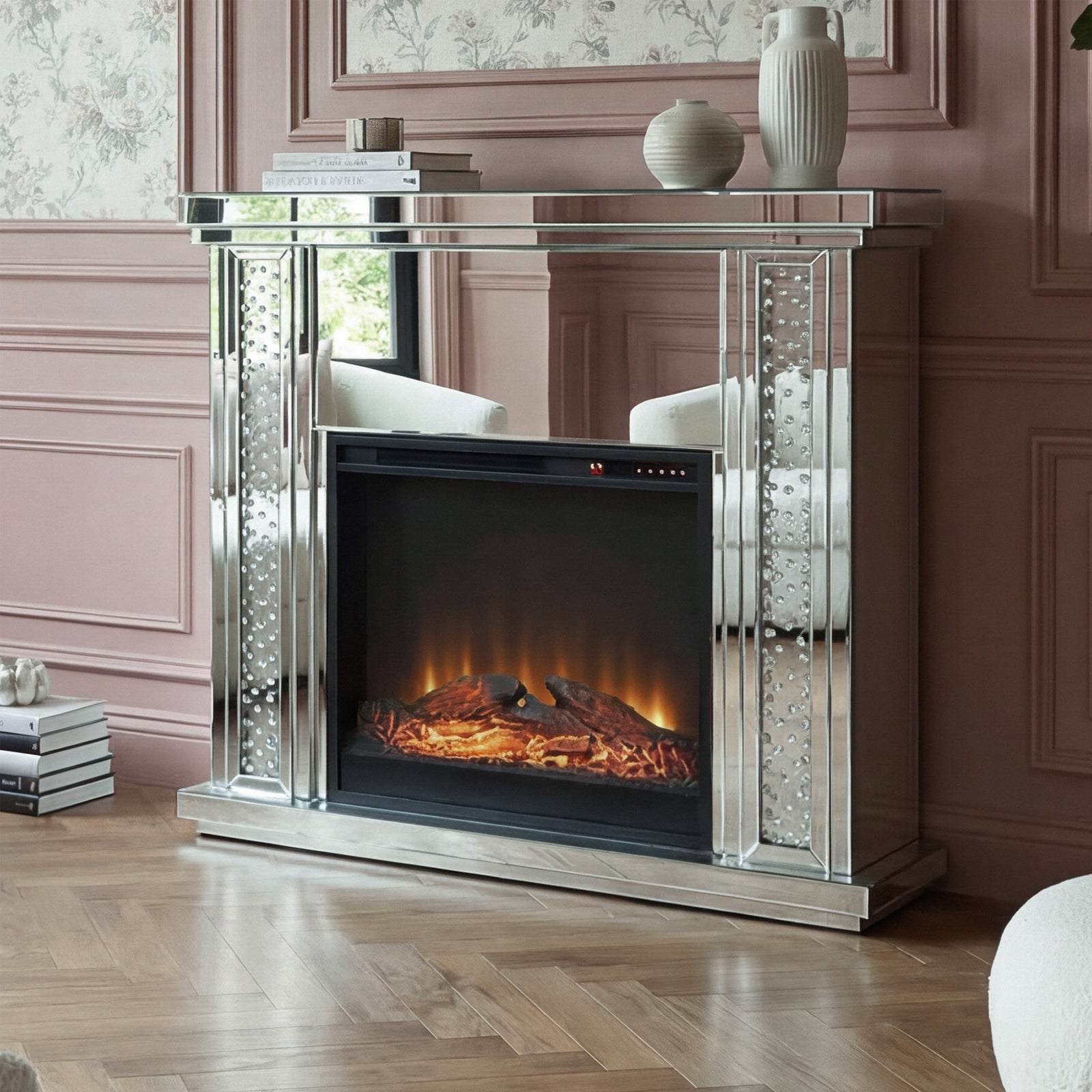 47.5 In. Crystal Mirrored Mantle With Wood Log Insert Fireplace Clear Finish - DECOR by Joshua Marshal