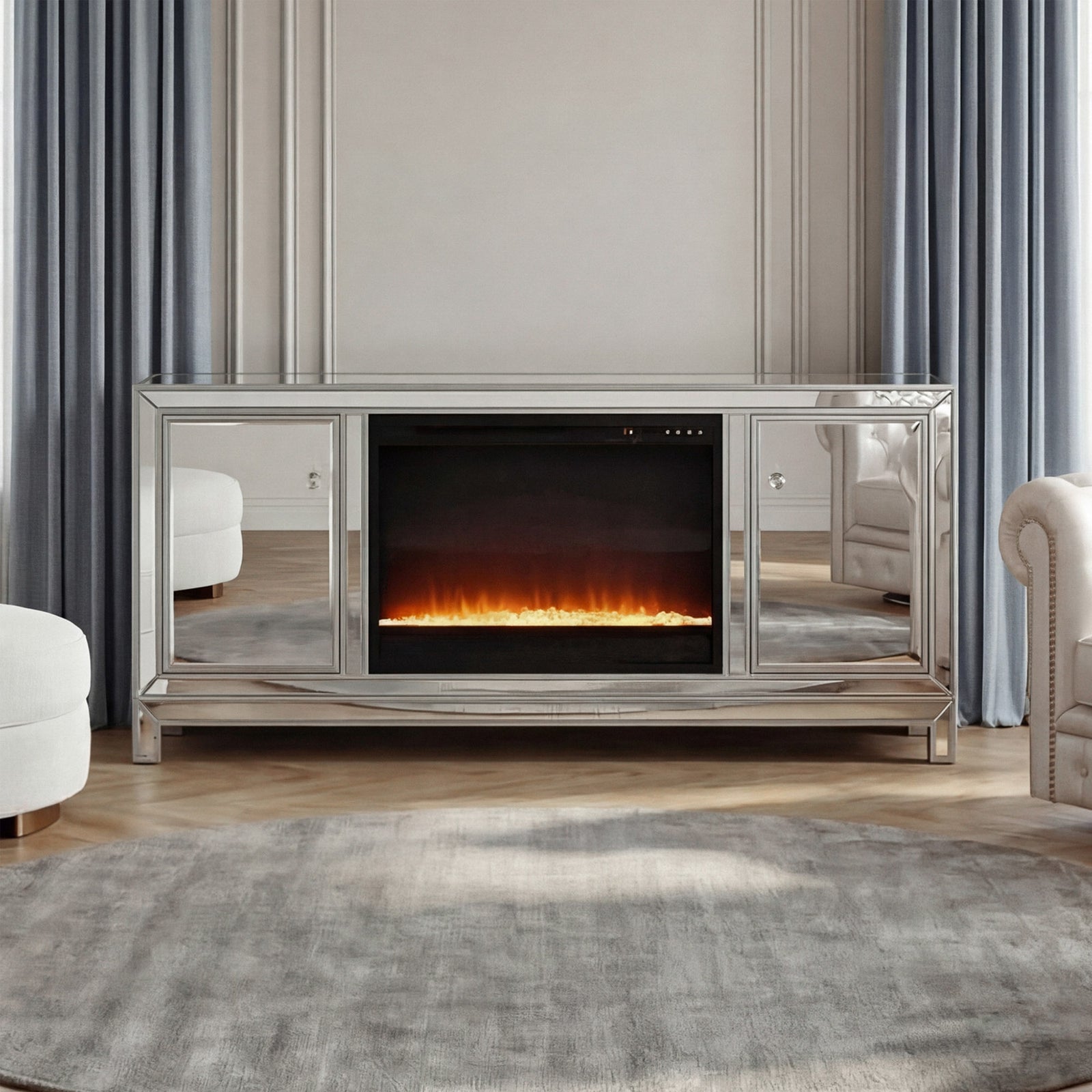 60 In. Mirrored Tv Stand With Crystal Fireplace Insert In Antique Silver Antique Silver Finish - FURNITURE by Joshua Marshal