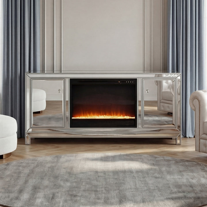 60 In. Mirrored Tv Stand With Crystal Fireplace Insert In Antique Silver Antique Silver Finish - FURNITURE by Joshua Marshal