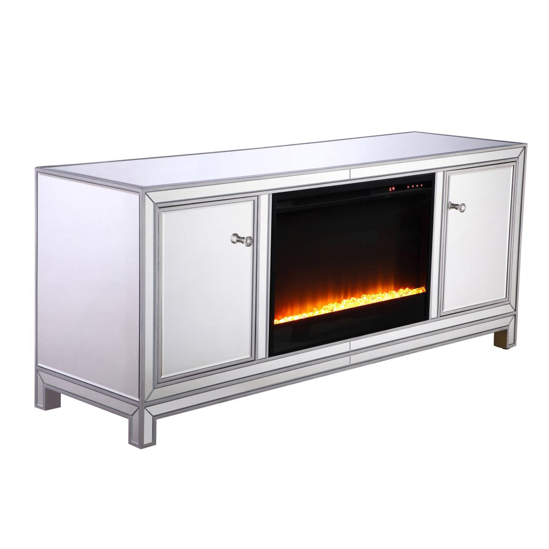 60 In. Mirrored Tv Stand With Crystal Fireplace Insert In Antique Silver - View 4 - Joshua Marshal