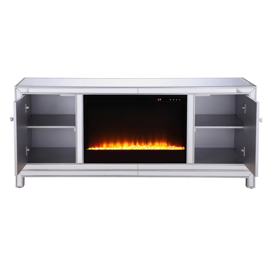 60 In. Mirrored Tv Stand With Crystal Fireplace Insert In Antique Silver - View 5 - Joshua Marshal