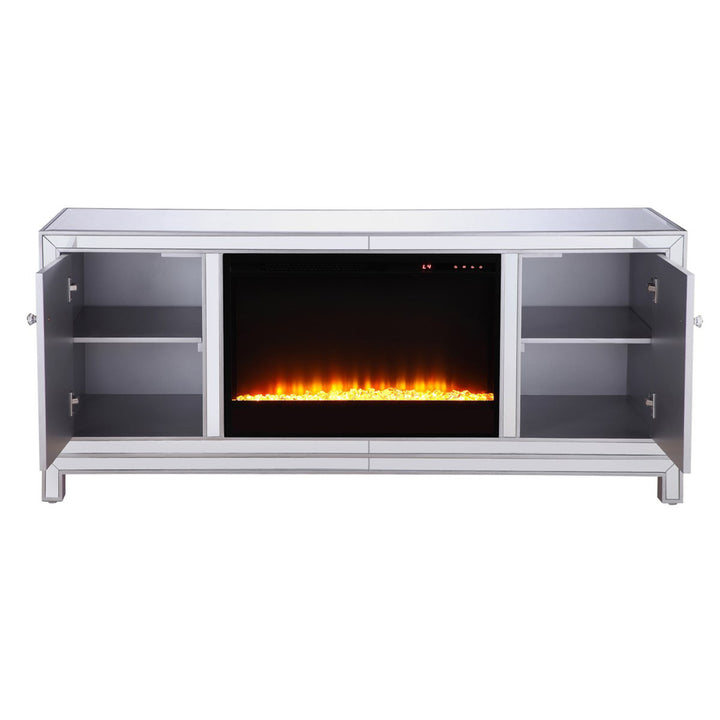60 In. Mirrored Tv Stand With Crystal Fireplace Insert In Antique Silver - View 5 - Joshua Marshal
