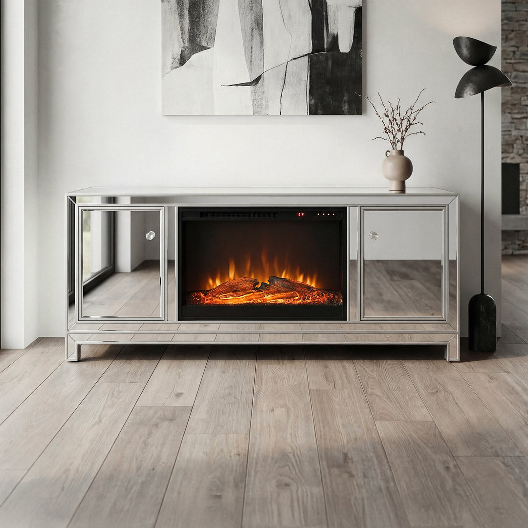 60 In. Mirrored Tv Stand With Wood Fireplace Insert In Antique Silver Antique Silver Finish - FURNITURE by Joshua Marshal