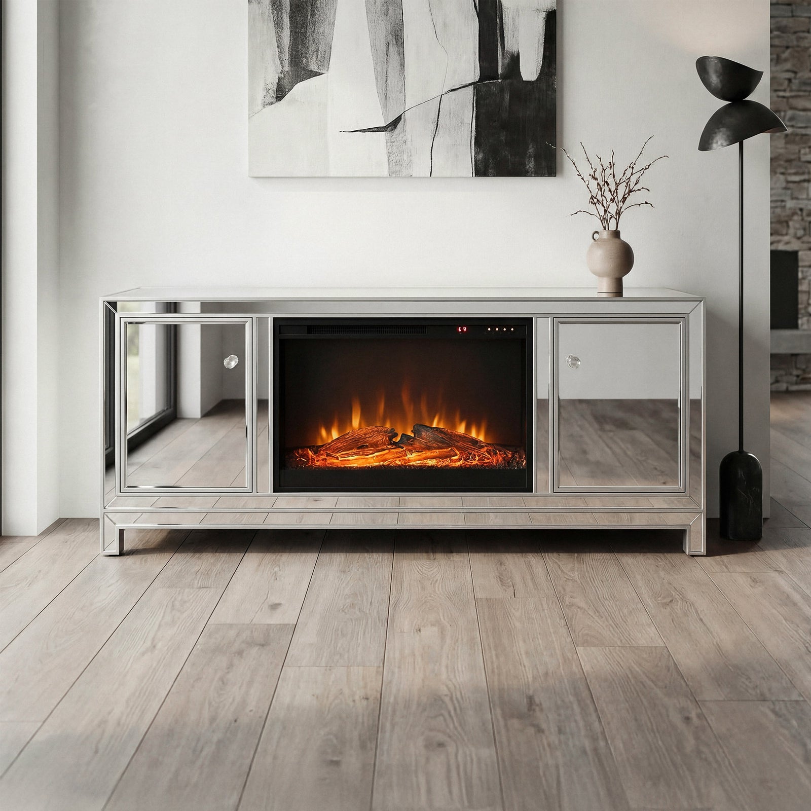 60 In. Mirrored Tv Stand With Wood Fireplace Insert In Antique Silver Antique Silver Finish - FURNITURE by Joshua Marshal