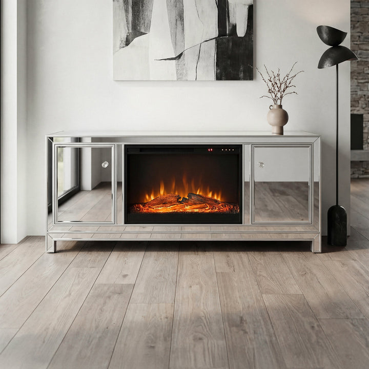 60 In. Mirrored Tv Stand With Wood Fireplace Insert In Antique Silver Antique Silver Finish - FURNITURE by Joshua Marshal