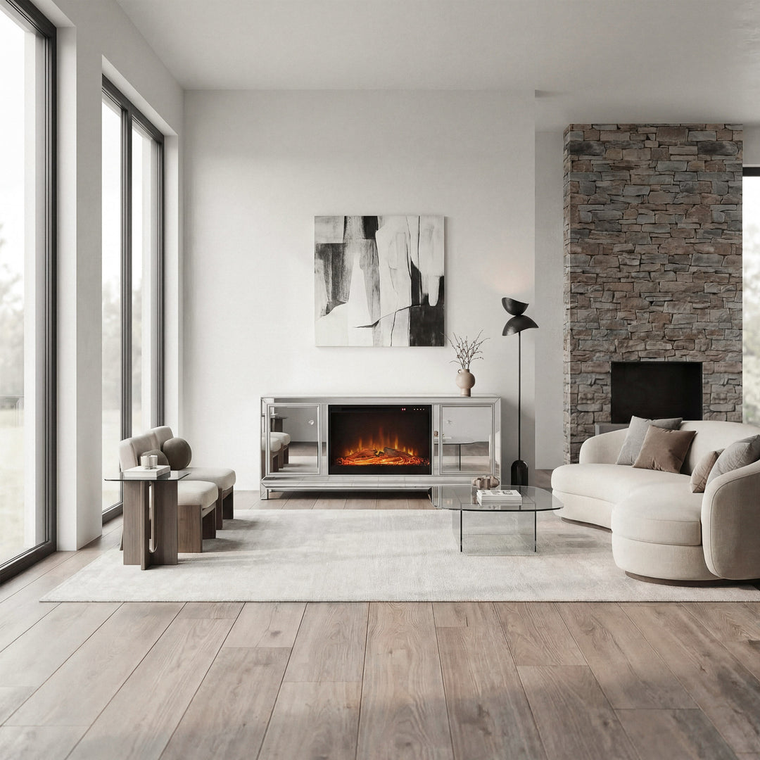60 In. Mirrored Tv Stand With Wood Fireplace Insert In Antique Silver - View 2 - Joshua Marshal