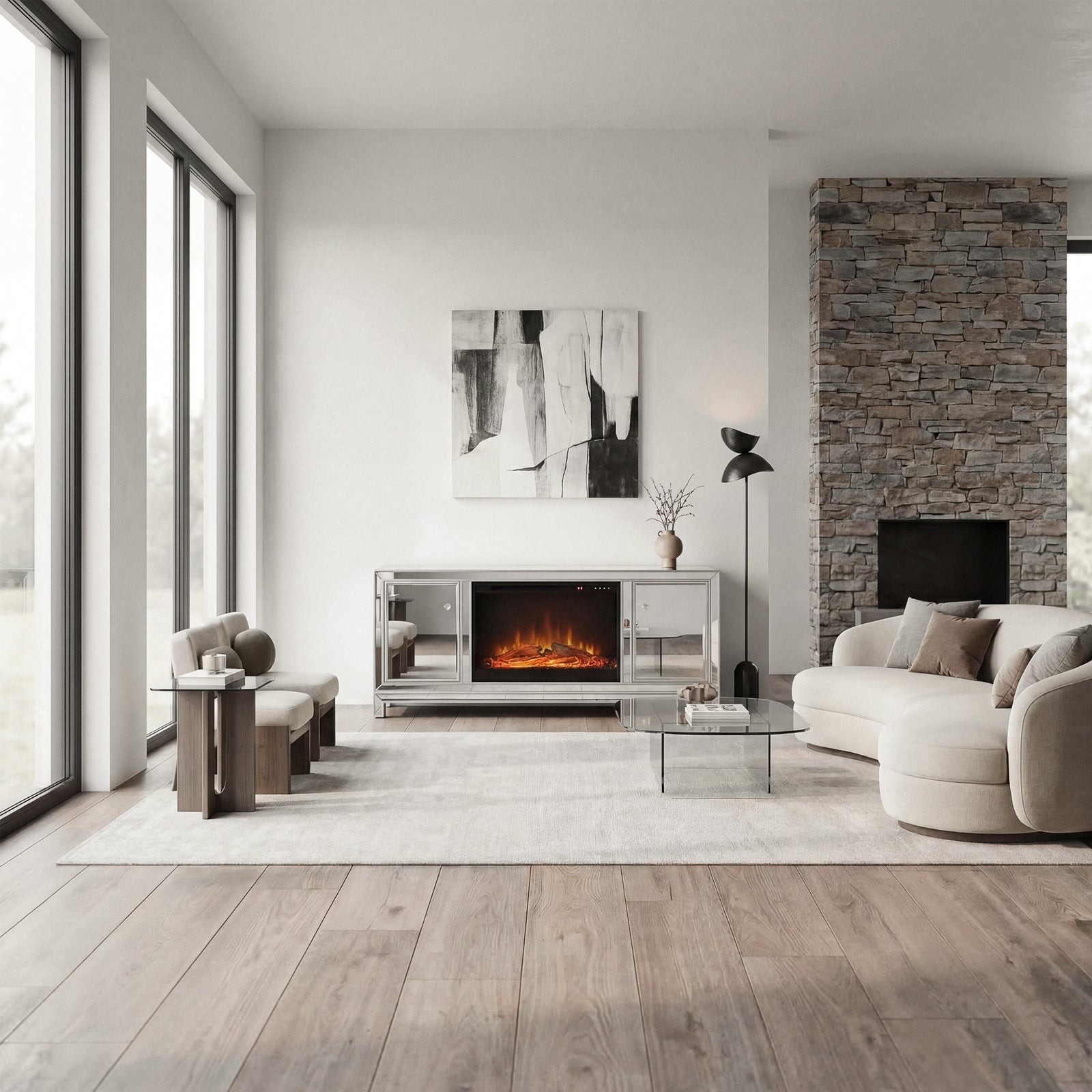 60 In. Mirrored Tv Stand With Wood Fireplace Insert In Antique Silver - View 2 - Joshua Marshal