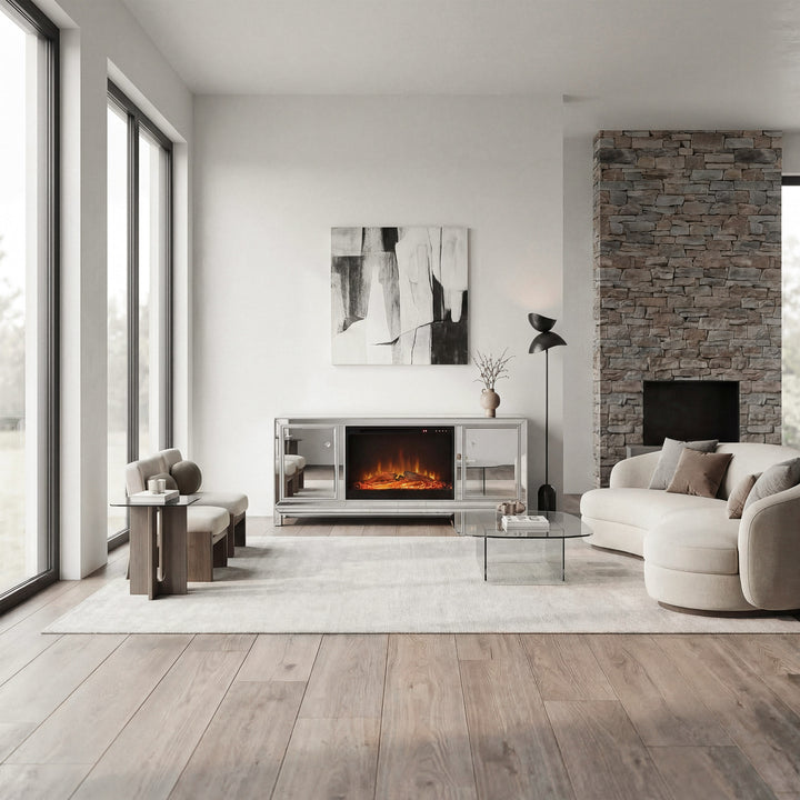 60 In. Mirrored Tv Stand With Wood Fireplace Insert In Antique Silver - View 2 - Joshua Marshal