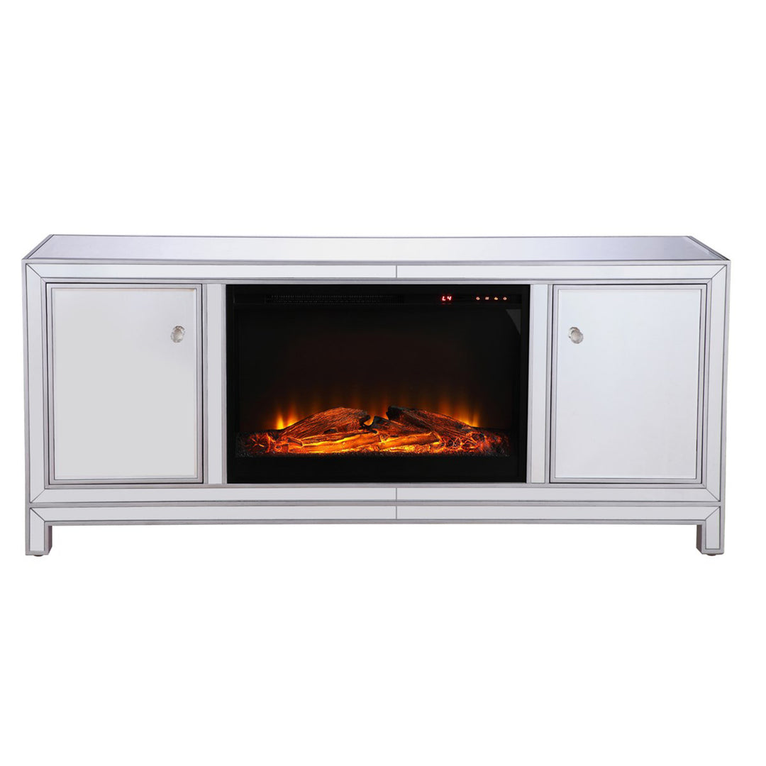 60 In. Mirrored Tv Stand With Wood Fireplace Insert In Antique Silver - View 3 - Joshua Marshal