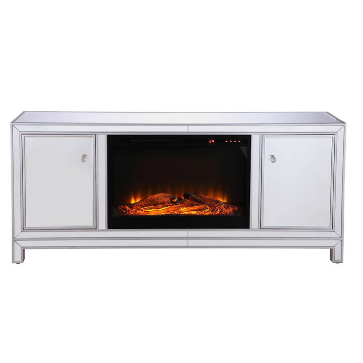 60 In. Mirrored Tv Stand With Wood Fireplace Insert In Antique Silver - View 3 - Joshua Marshal