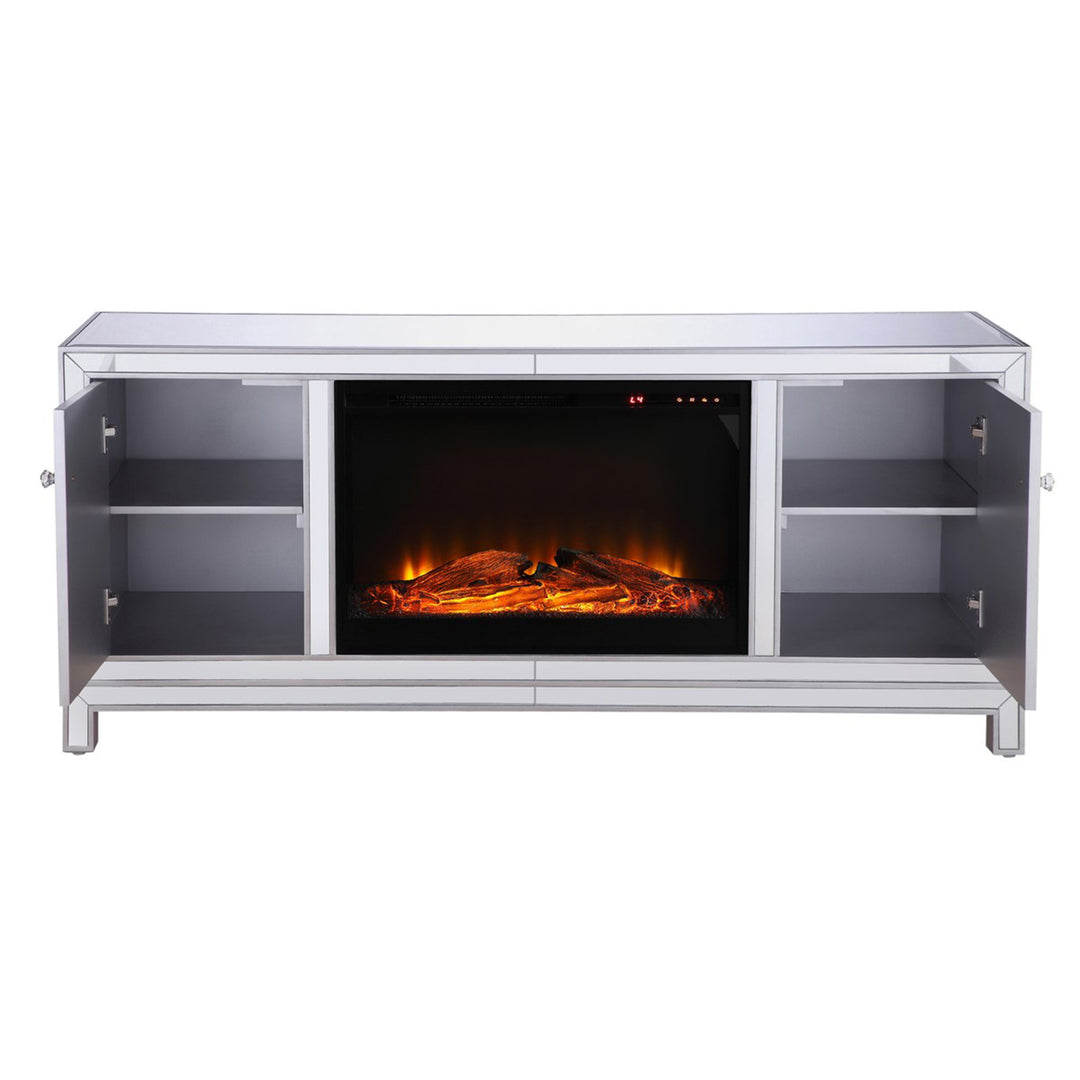 60 In. Mirrored Tv Stand With Wood Fireplace Insert In Antique Silver - View 5 - Joshua Marshal