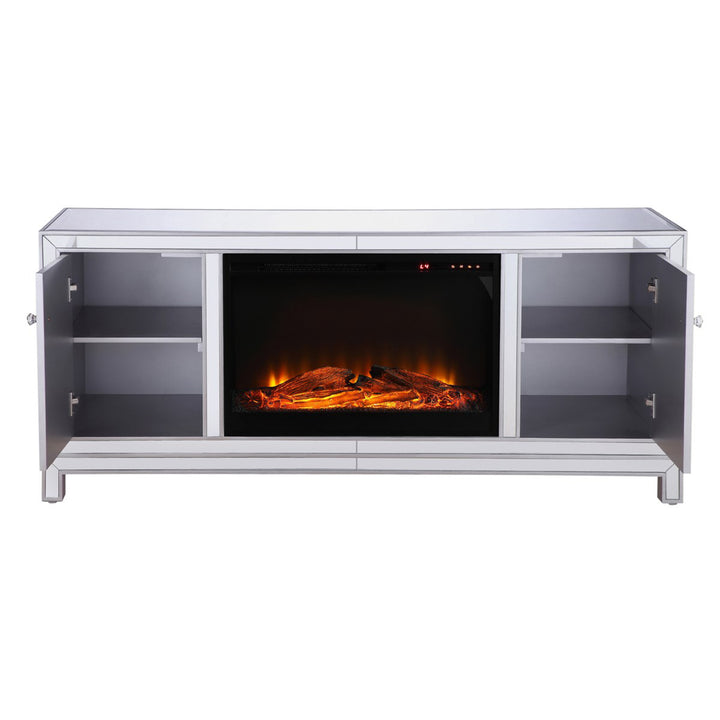 60 In. Mirrored Tv Stand With Wood Fireplace Insert In Antique Silver - View 5 - Joshua Marshal