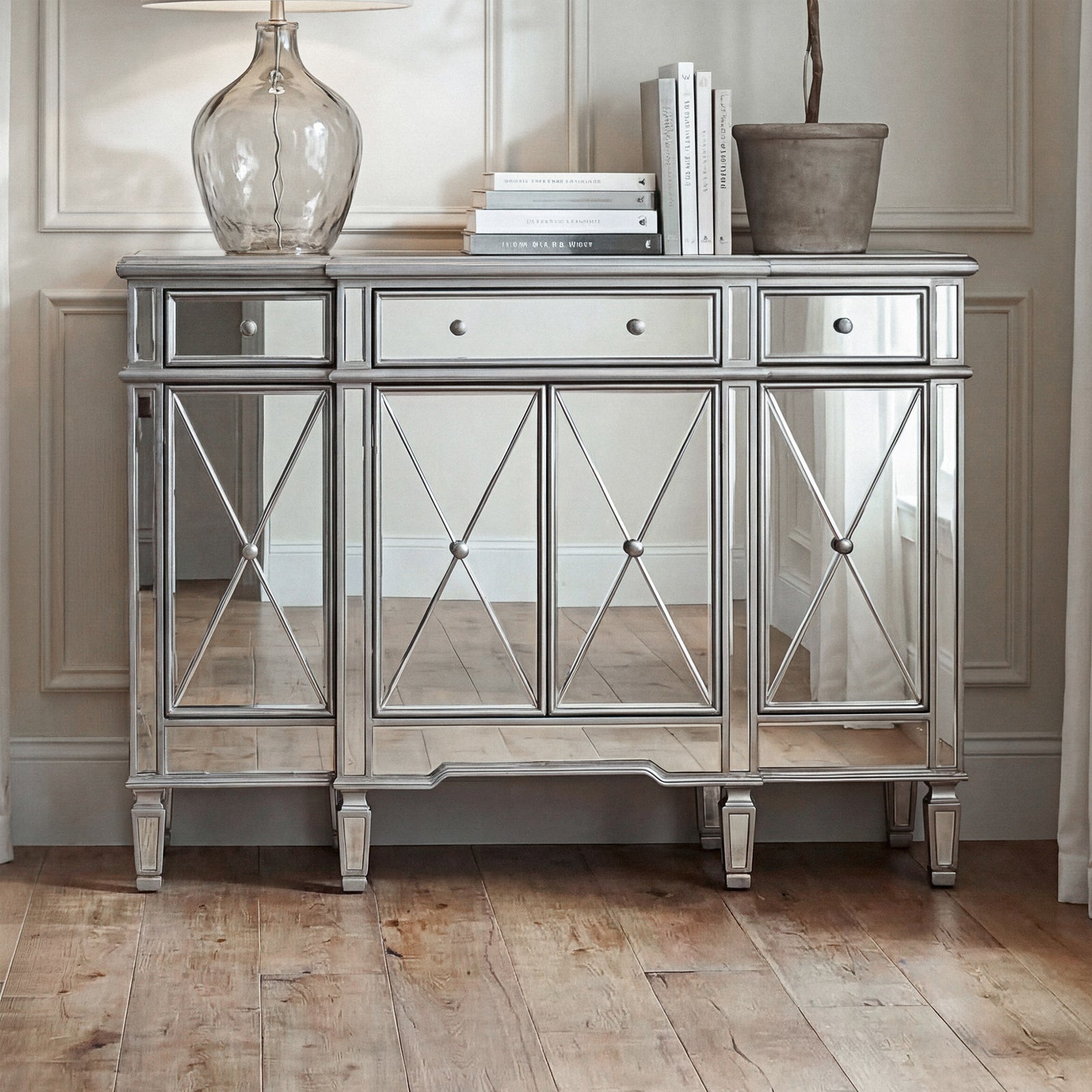 3 Drawer 4 Door Cabinet 48 .In. X 14 In. X 36 In. In Silver Clear Hand Rubbed Antique Silver Finish - FURNITURE by Joshua Marshal