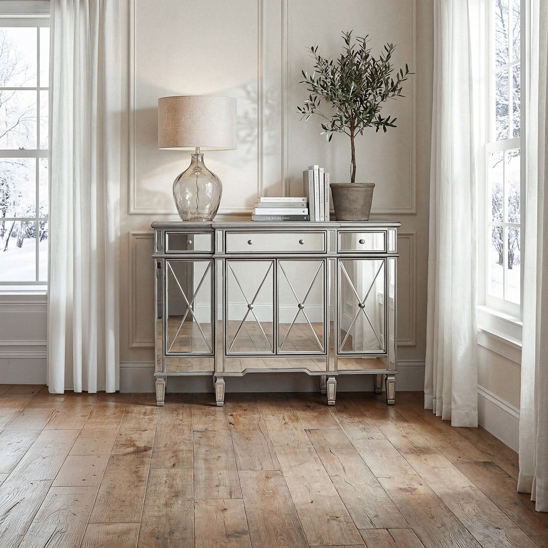 3 Drawer 4 Door Cabinet 48 .In. X 14 In. X 36 In. In Silver Clear - View 2 - Joshua Marshal