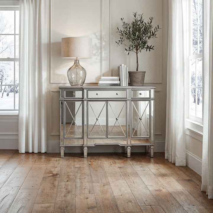 3 Drawer 4 Door Cabinet 48 .In. X 14 In. X 36 In. In Silver Clear - View 2 - Joshua Marshal