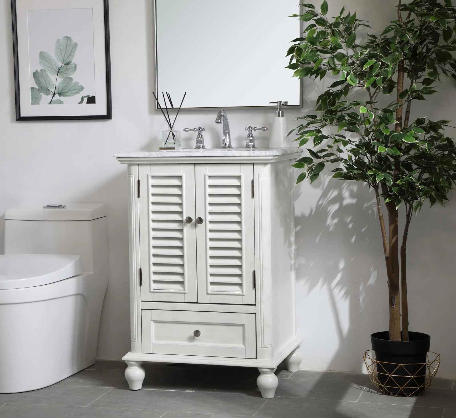 24 Inch Single Bathroom Vanity In Antique White - View 2 - Joshua Marshal