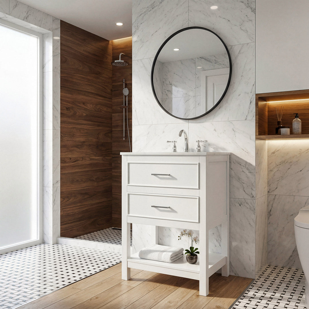 24 Inch Single Bathroom Vanity In White - View 2 - Joshua Marshal