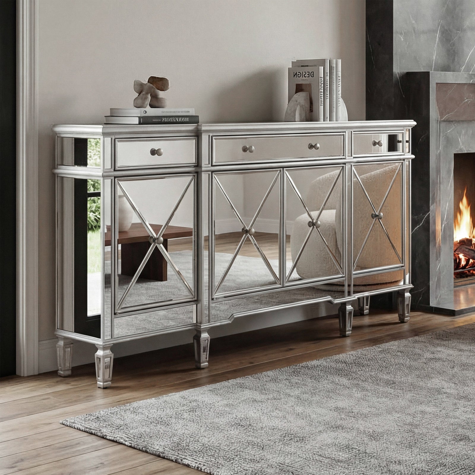 72 Inch Mirrored Credenza In Silver Silver Finish - FURNITURE by Joshua Marshal
