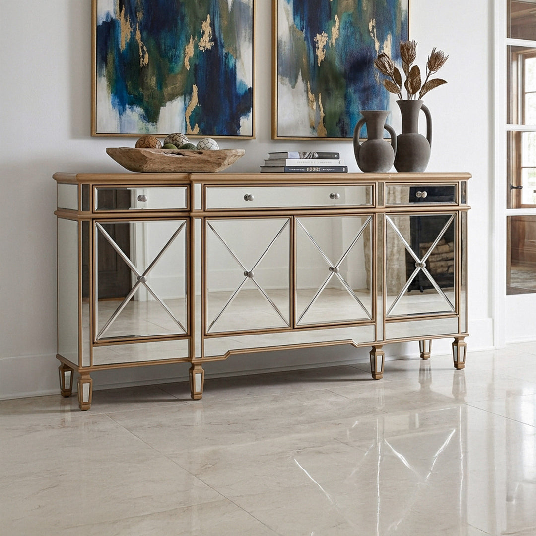 72 Inch Mirrored Credenza In Gold Gold Finish - FURNITURE by Joshua Marshal