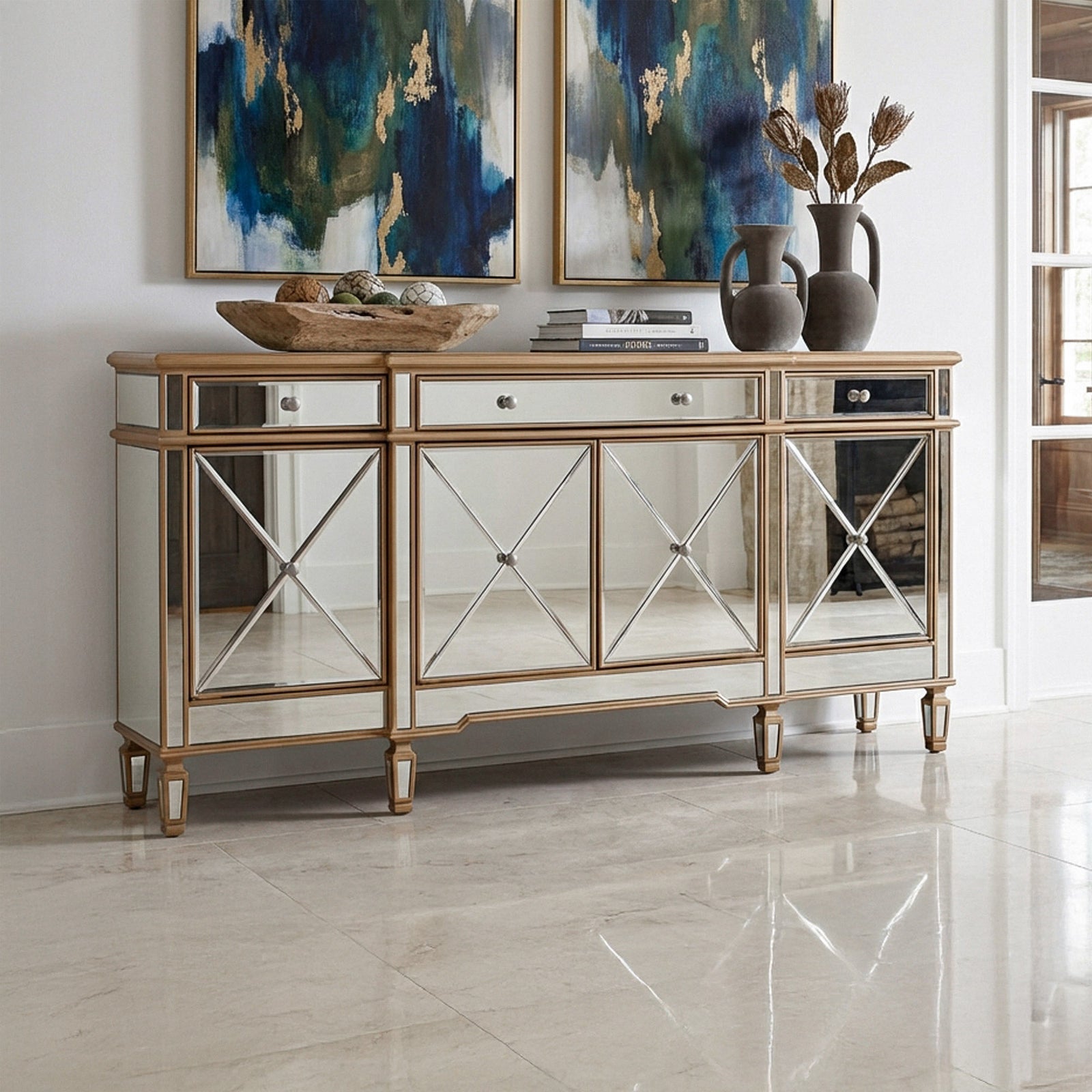 72 Inch Mirrored Credenza In Gold Gold Finish - FURNITURE by Joshua Marshal