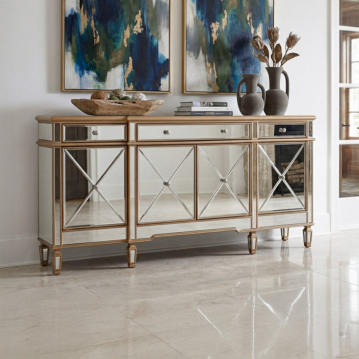 72 Inch Mirrored Credenza In Gold Gold Finish - FURNITURE by Joshua Marshal