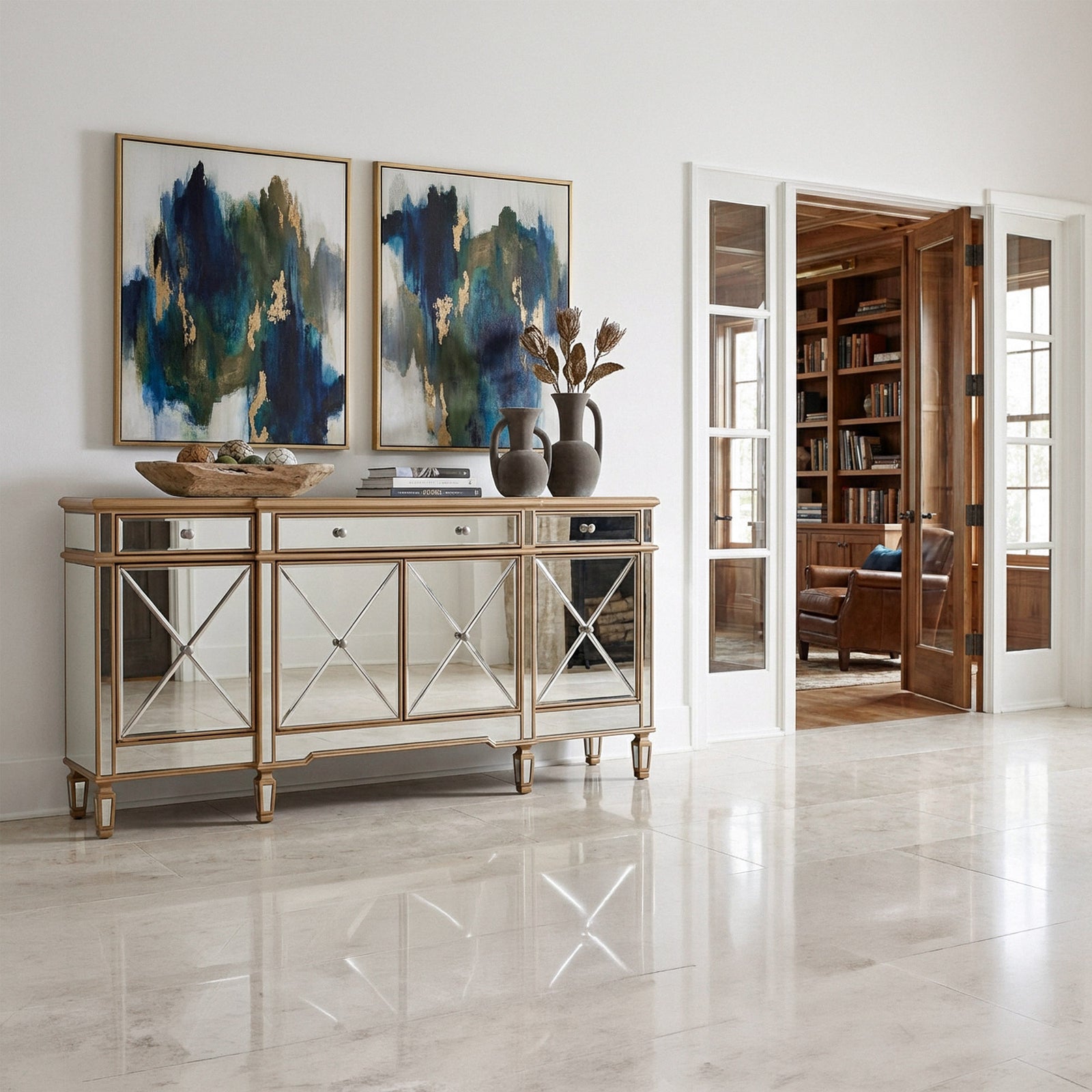 72 Inch Mirrored Credenza In Gold - View 2 - Joshua Marshal