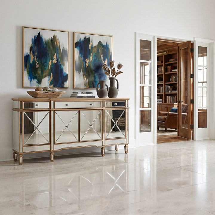 72 Inch Mirrored Credenza In Gold - View 2 - Joshua Marshal
