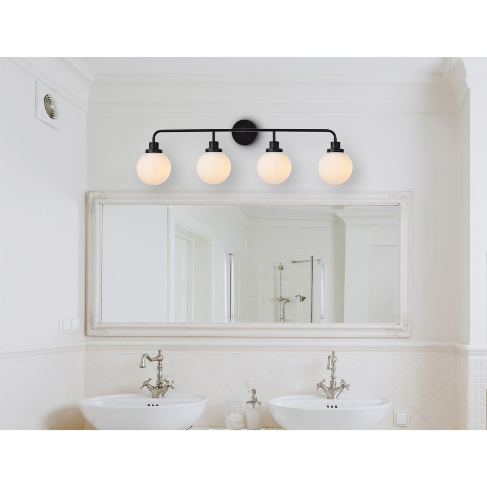 4 Lights Bath Sconce In Black With Frosted Shade - View 2 - Joshua Marshal