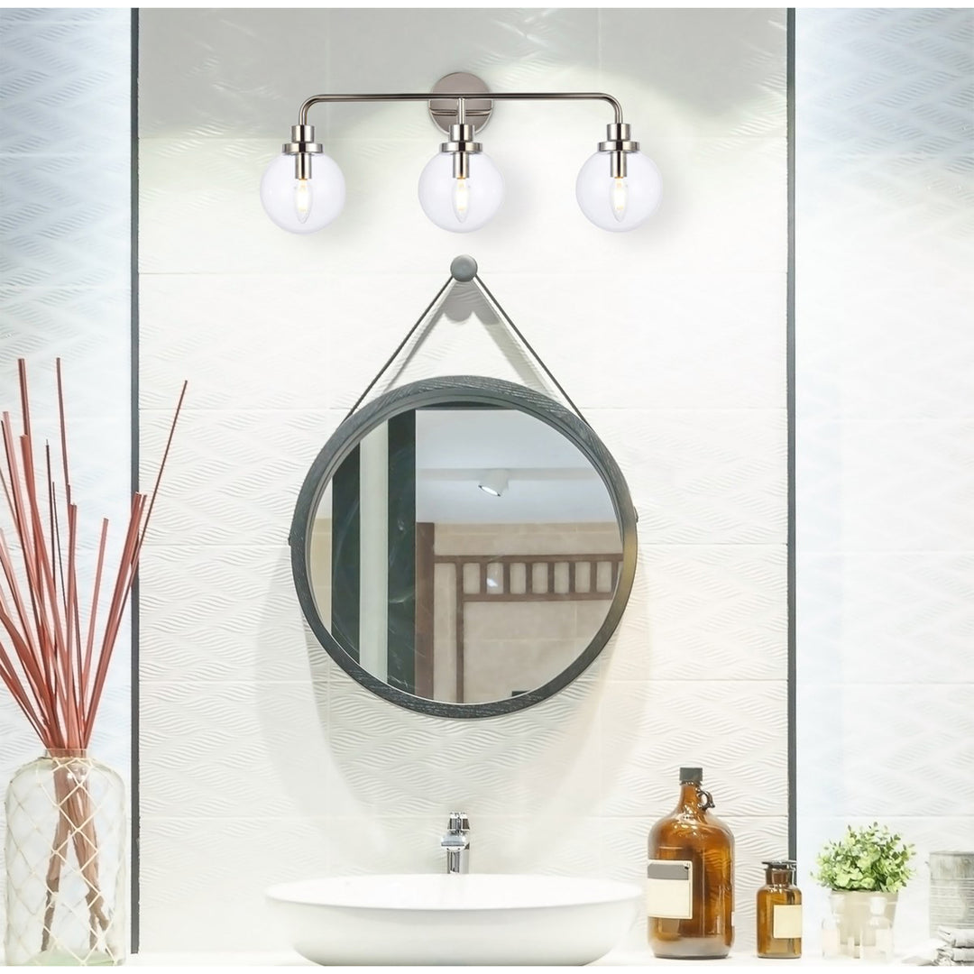 3 lights bath sconce in polished nickel with clear shade - View 2 - Joshua Marshal