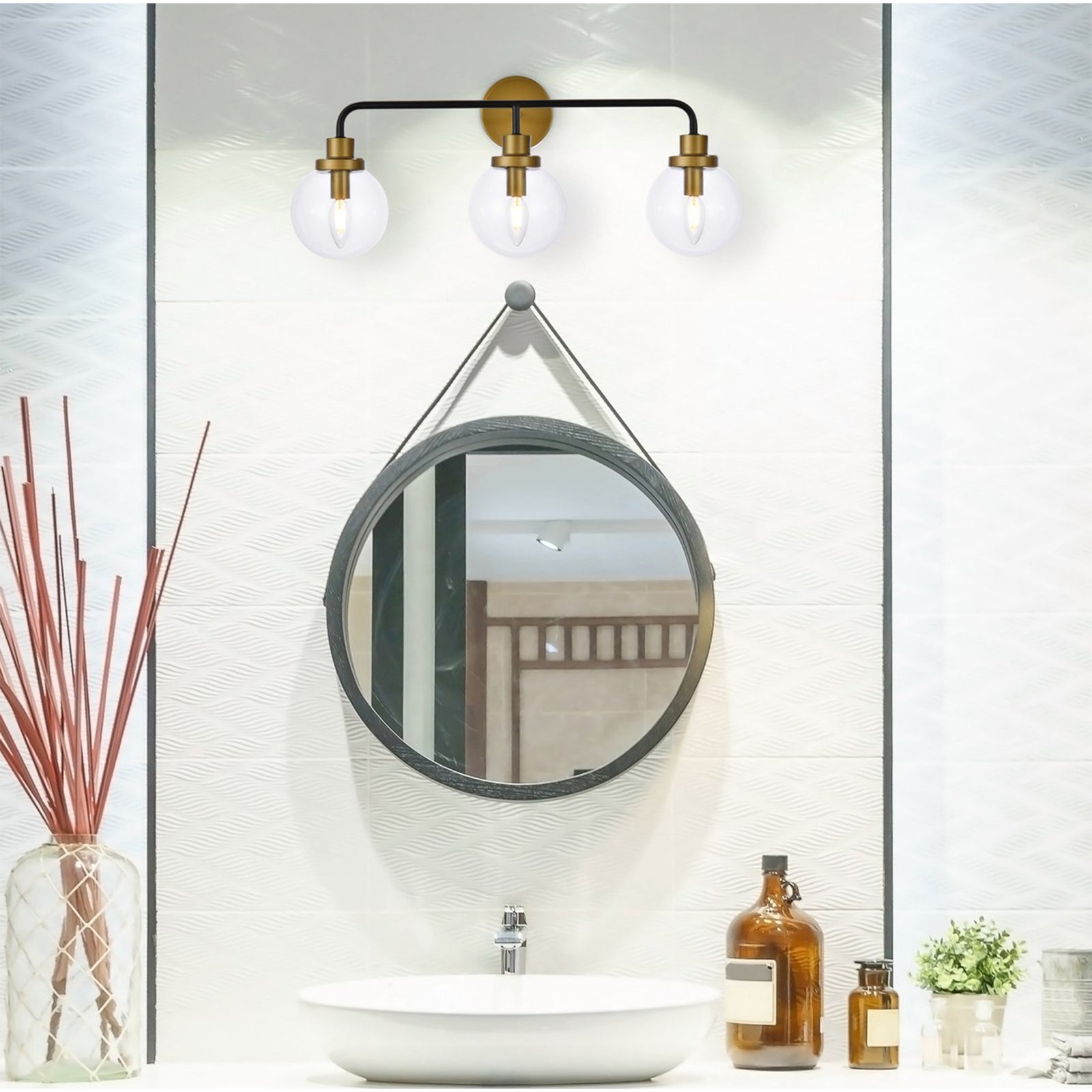 3 Lights Bath Sconce In Black With Brass With Clear Shade - View 2 - Joshua Marshal