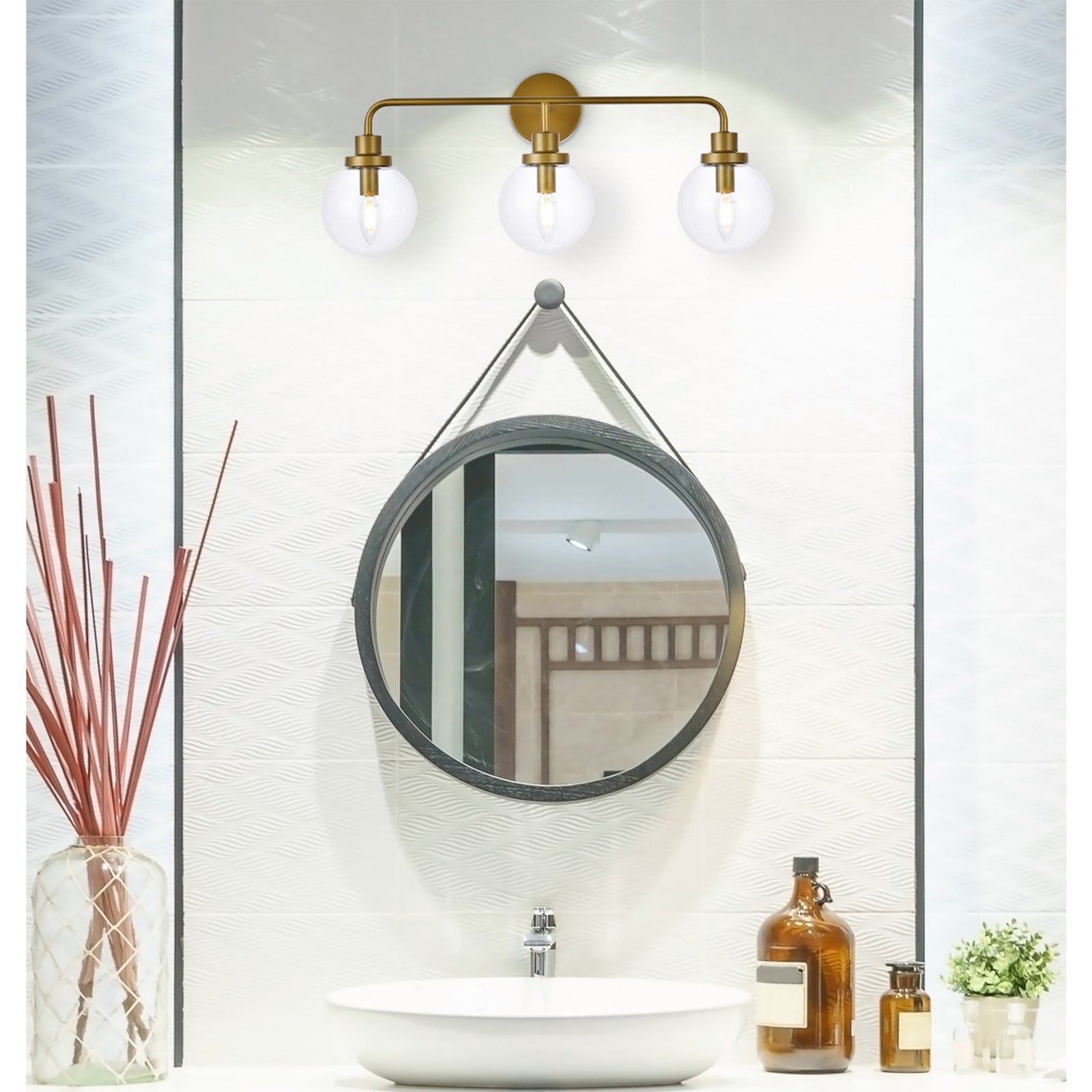 3 Lights Bath Sconce In Brass With Clear Shade - View 2 - Joshua Marshal