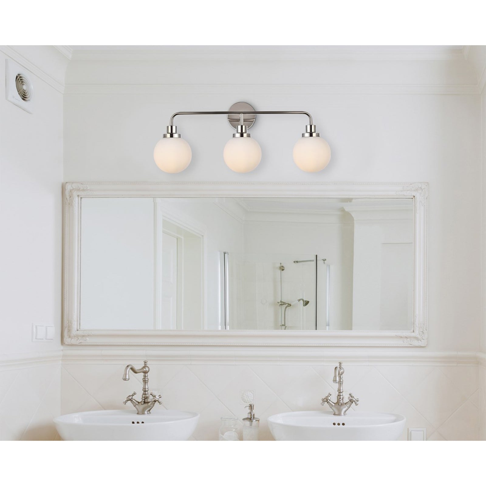 3 lights bath sconce in polished nickel with frosted shade - View 2 - Joshua Marshal