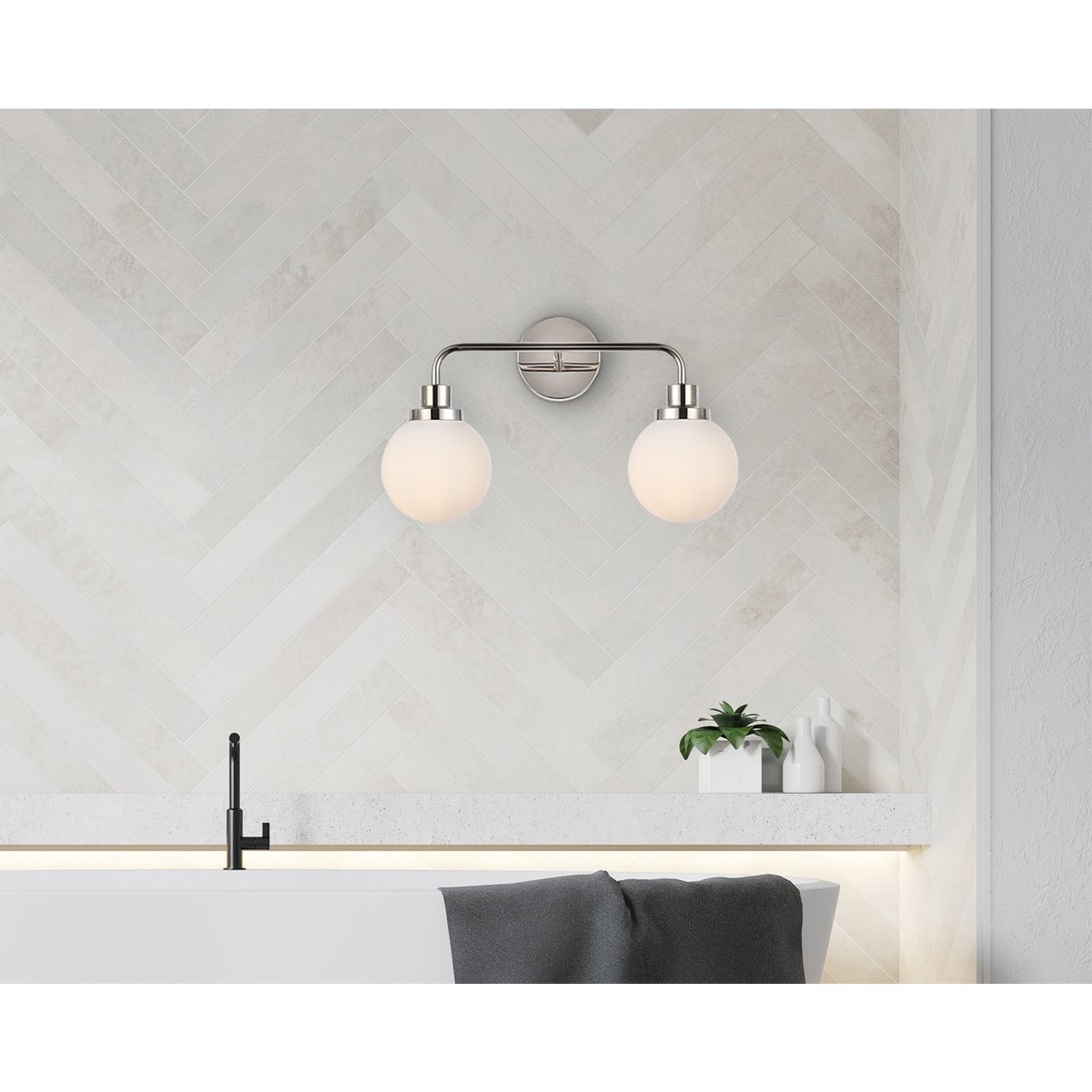 2 lights bath sconce in polished nickel with frosted shade - View 2 - Joshua Marshal