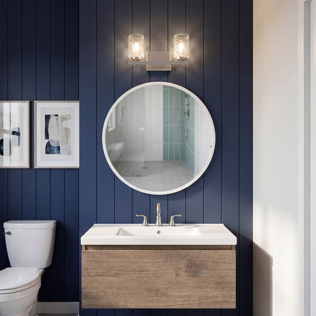 2 lights bath sconce in satin nickel with clear shade - View 2 - Joshua Marshal