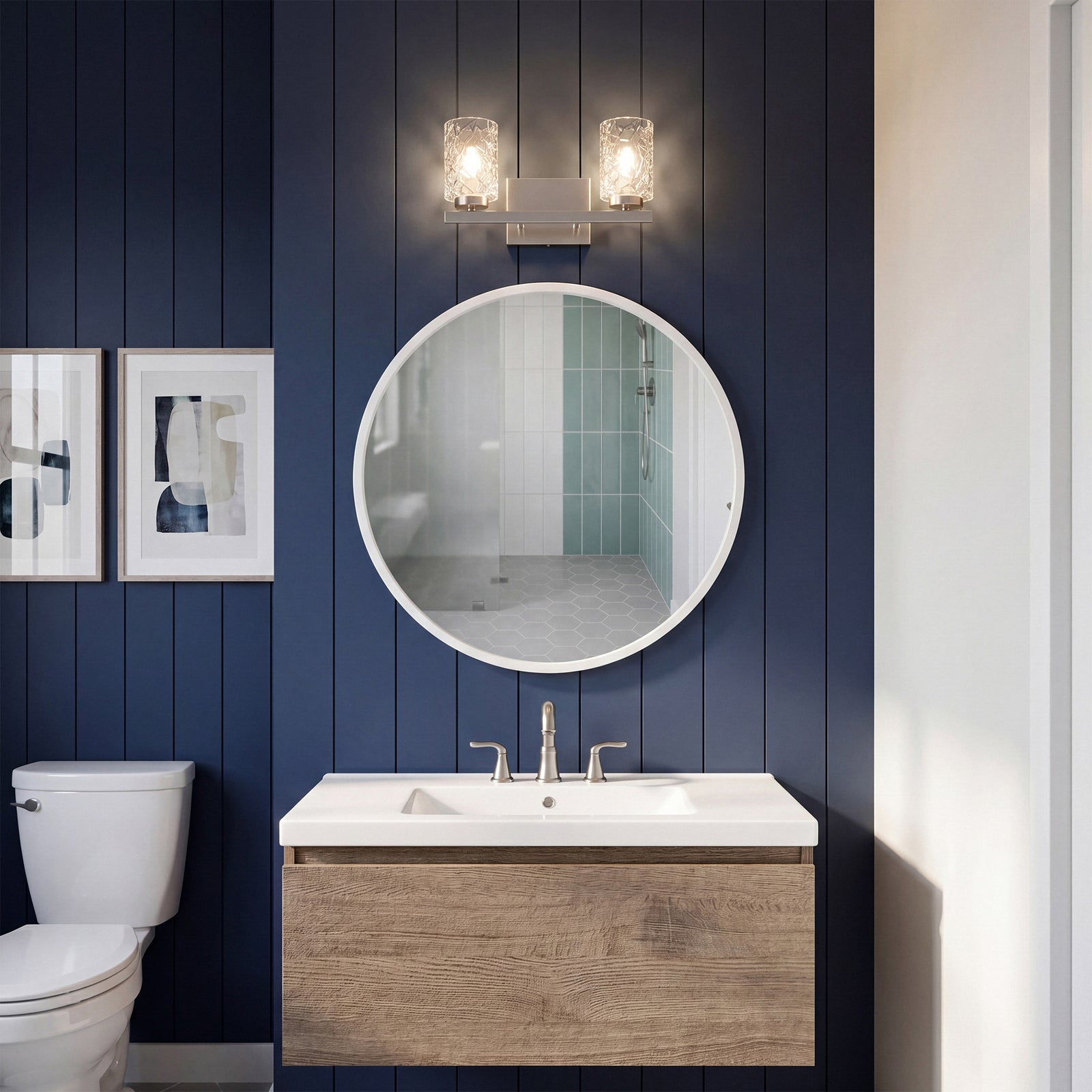 2 lights bath sconce in satin nickel with clear shade - View 2 - Joshua Marshal