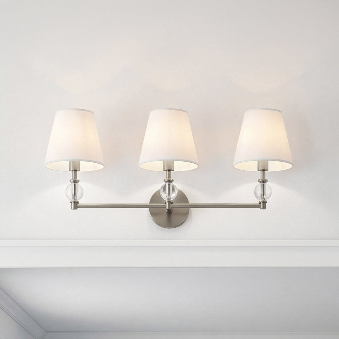 3 lights bath sconce in satin nickel with white fabric shade Stain Nickel And White Fabric Shade Finish - LIGHTING by Joshua Marshal