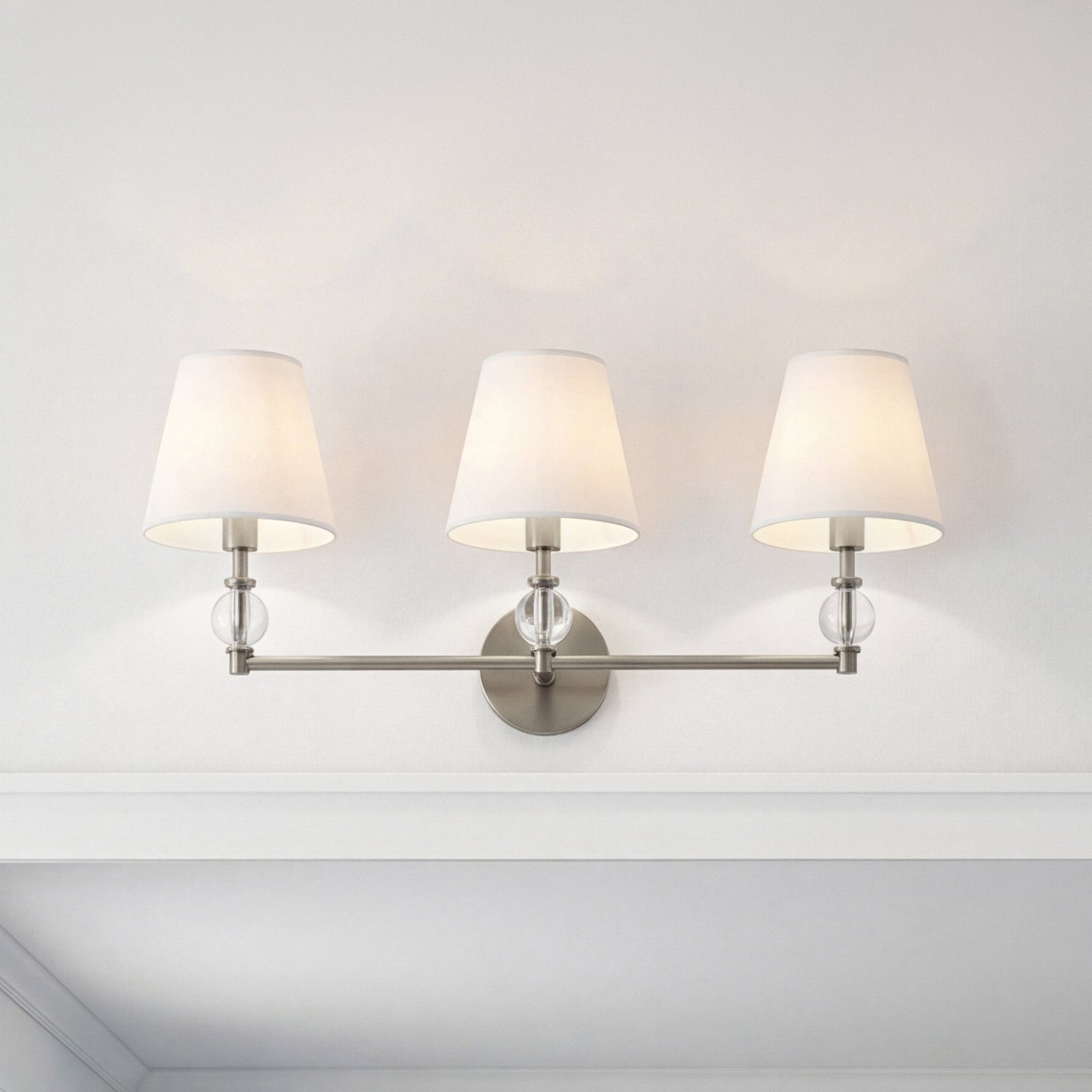 3 lights bath sconce in satin nickel with white fabric shade Stain Nickel And White Fabric Shade Finish - LIGHTING by Joshua Marshal