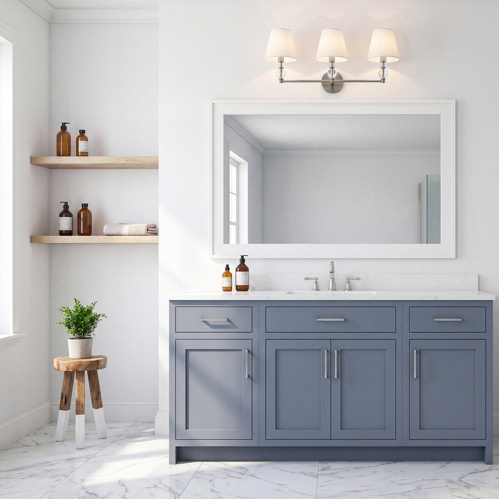 3 lights bath sconce in satin nickel with white fabric shade - View 2 - Joshua Marshal