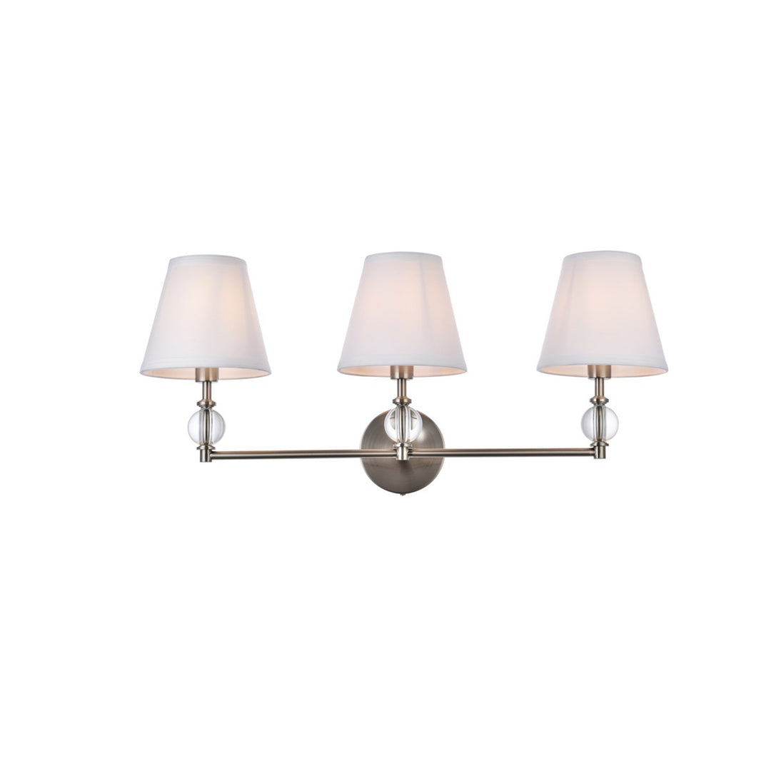 3 lights bath sconce in satin nickel with white fabric shade - View 3 - Joshua Marshal