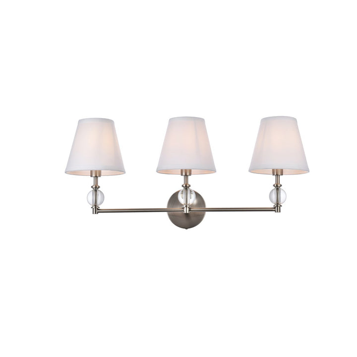 3 lights bath sconce in satin nickel with white fabric shade - View 3 - Joshua Marshal