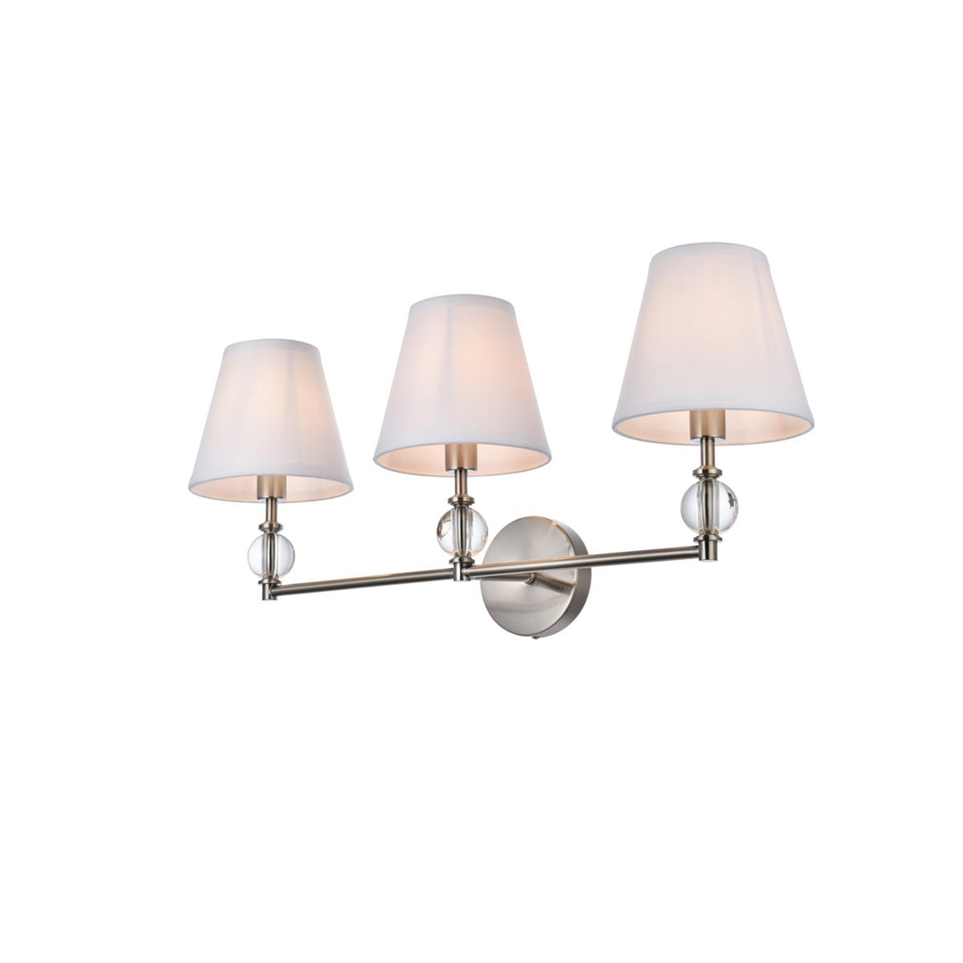 3 lights bath sconce in satin nickel with white fabric shade - View 4 - Joshua Marshal
