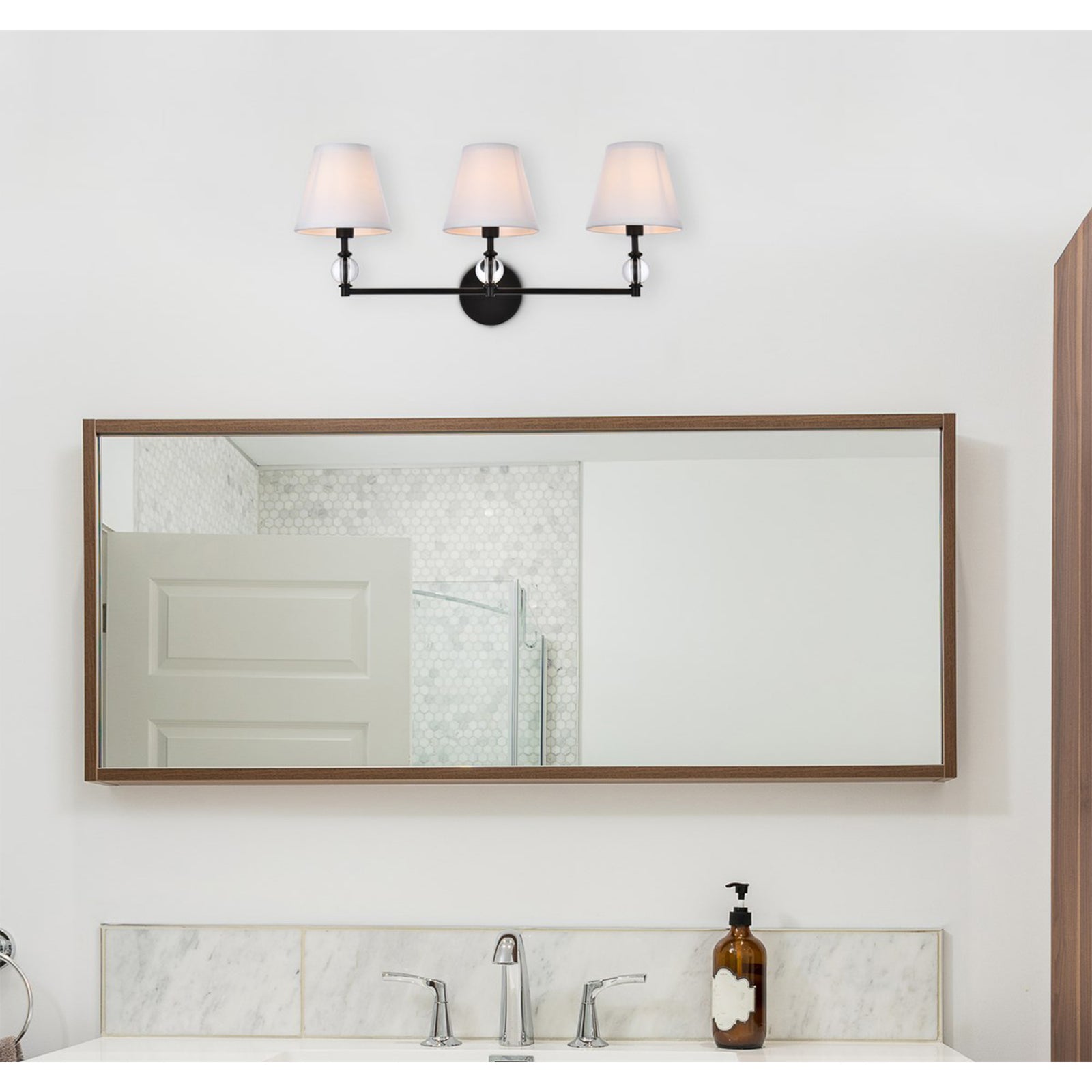 3 Lights Bath Sconce In Black With White Fabric Shade - View 2 - Joshua Marshal