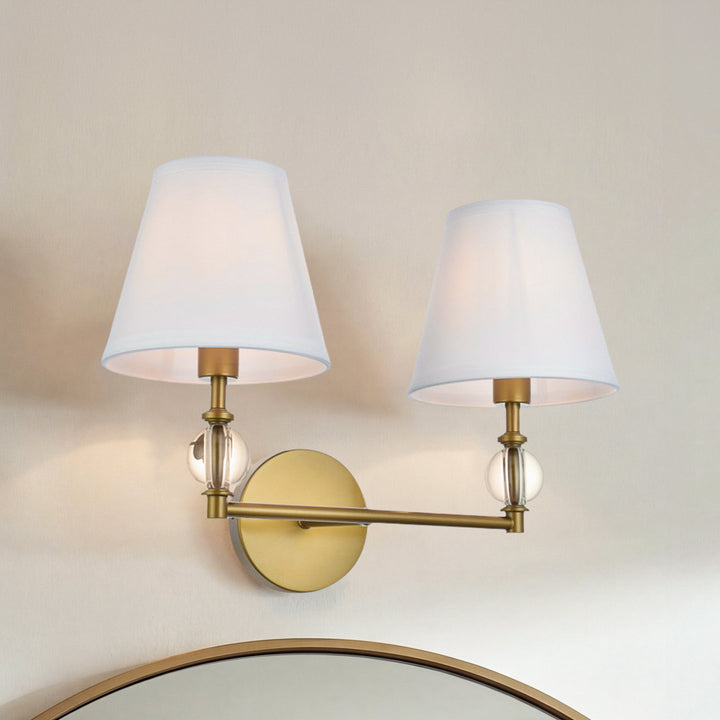 2 Lights Bath Sconce In Brass With White Fabric Shade Brass And White Fabric Shade Finish - LIGHTING by Joshua Marshal