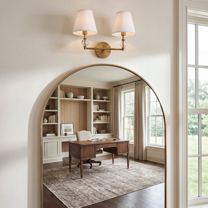 2 Lights Bath Sconce In Brass With White Fabric Shade - View 2 - Joshua Marshal