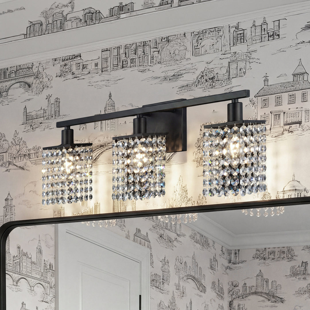 3 Lights Bath Sconce In Black With Clear Crystals Black And Clear Finish - LIGHTING by Joshua Marshal