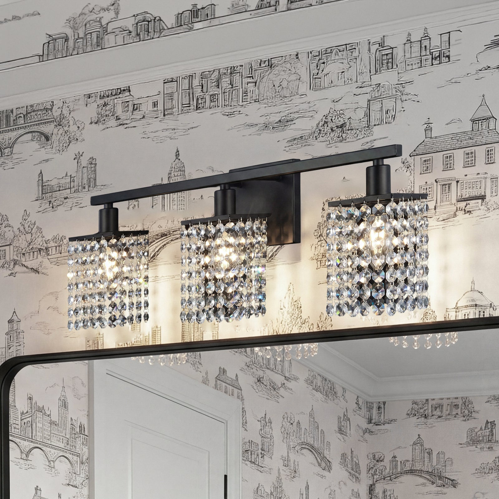 3 Lights Bath Sconce In Black With Clear Crystals Black And Clear Finish - LIGHTING by Joshua Marshal