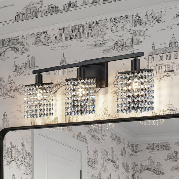 3 Lights Bath Sconce In Black With Clear Crystals Black And Clear Finish - LIGHTING by Joshua Marshal